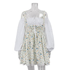 Bubble Sleeve Strap Tube Top Faux Two Piece French Dress Floral Cami Dress