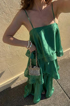 Soft and Smooth Satin Tiered Slip Square Neck A-line Maxi Dress