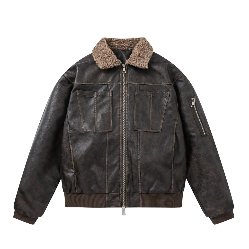 PU Leather Jacket with Lamb Wool Collar