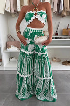 Cassie Ric Rac Trims Unique Print Halter Ring Tank and High Rise Wide Leg Pants Set