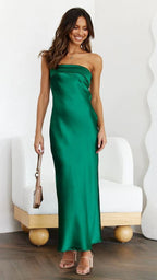 Nina Aesthetic Solid Satin Long Dress with Fold Over Neckline Designer Edit