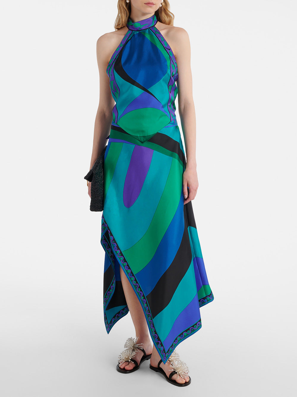 Gabbie Satin Unique Print Halter Scarf Tank and Asymmetrical Maxi Skirt Set