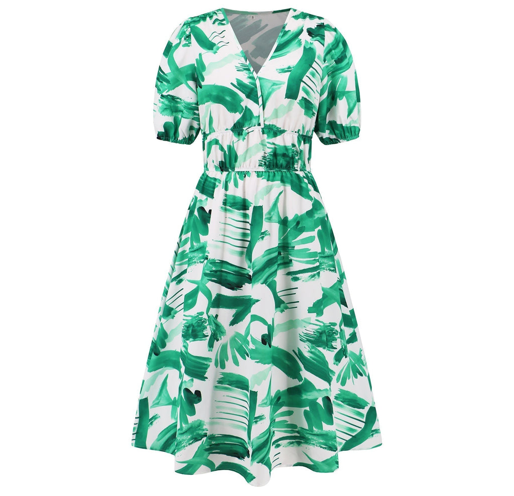 V Neck Bohemian Printed Dress A Line Dress