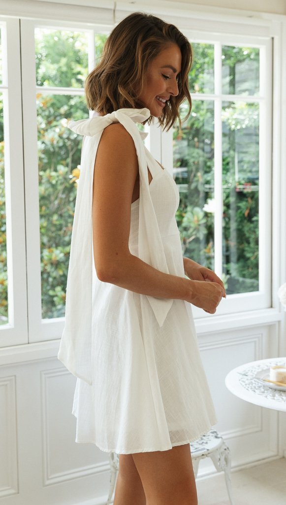 Kamila Cotton Linen Tie Strap Babydoll Dress White