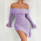 Autumn Winter Women Clothing off Neck Bell Sleeve Sheath Strapless Sexy Dress