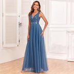 Patchwork Stretch Waist Sleeveless Double V Neck Evening Dress Tulle Embroidery Long Elegant A Big Swing Party Dress