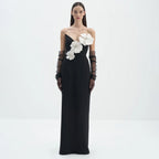 Black Tube Top Dress Floral Diamond Core Split off - Shoulder Design