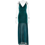 Elegant Straps Tulle Dress Sexy Deep V Plunge Pleated Stitched Backless Maxi Dress