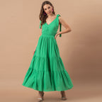 Parisa Embroidered Tiered Midi Dress Green