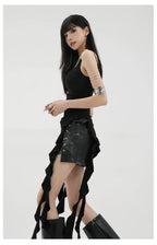 Black Asymmetric Ribbon Strap Tank Top With Ruffle Edge Design