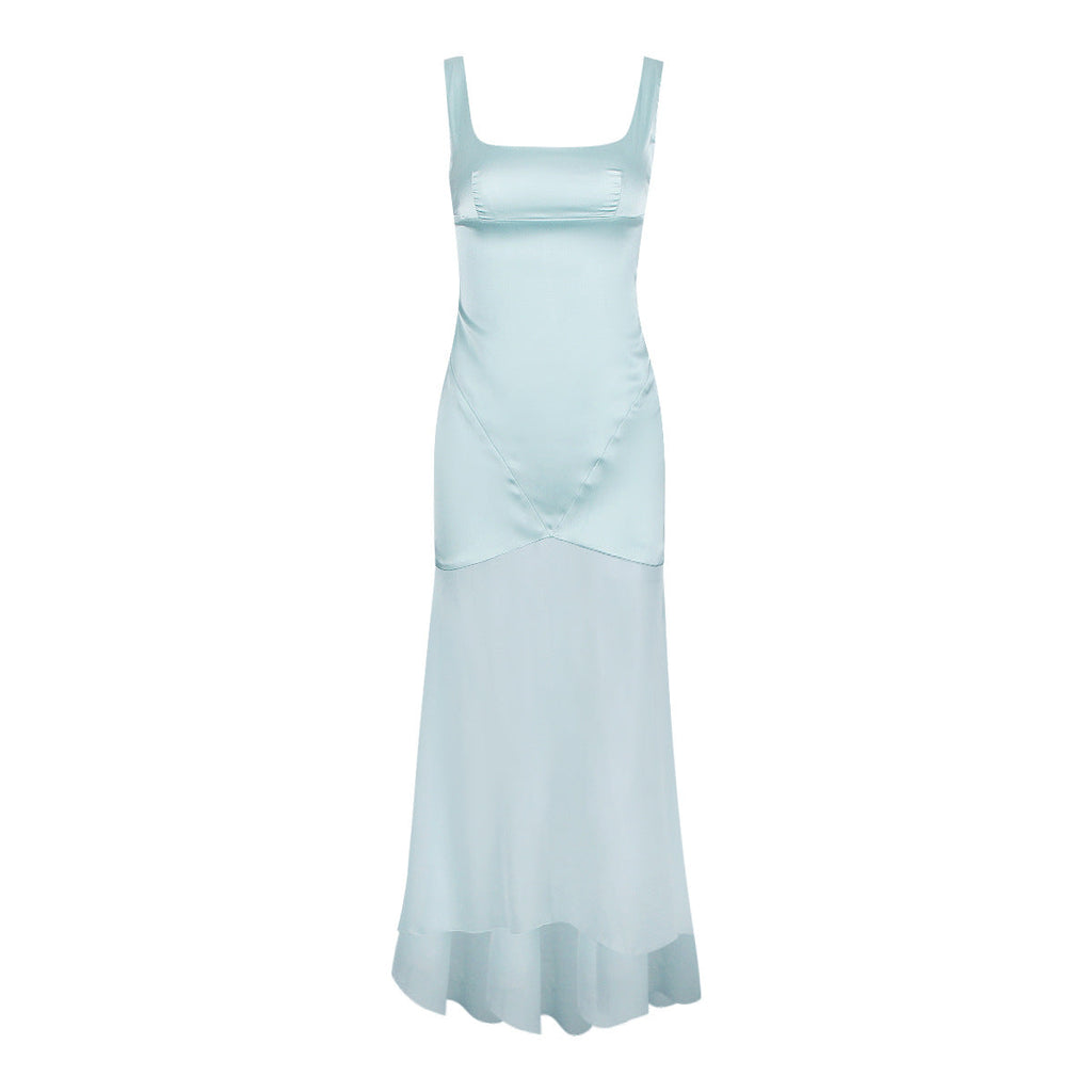 High Grade Satin Chiffon Splicing Sling Sheath Forged Surface Dress Slim Fit Elegant Mop Dress