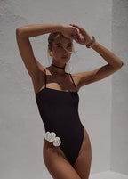 Noir Bloom One-Piece Swimsuit with 3D Floral Accents