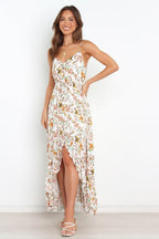 Bingham Satin Floral Ruffle Maxi Dress Cream