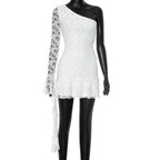 Shoulder Sleeve Ruffles Streamer Long Sleeve Short Dress