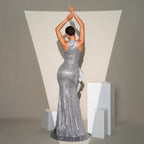 Silver  Flower Embellished Halter High Split Event Dress