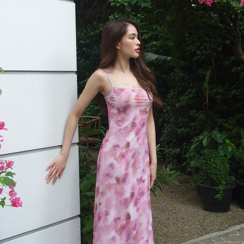 Spaghetti Strap Floral Print Slim Fit Dress Hip