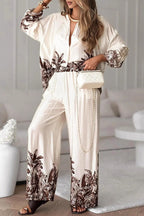 Botanical Print Loose Long-sleeved Shirt and Elastic Waist Pocket Casual Wide-leg Pants