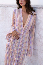 Eleanor Knit Colorful Wave Unique Print Shirt U-neck Long Sleeve Slit Maxi Dress