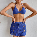 Hollowed out Lotus Bud Short Skirt Split Hand Woven Beach Swimsuit Vacation Two Piece Sets
