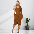 Praia Cotton Blend Ribbed Button Down Midi Dress Camel FINAL