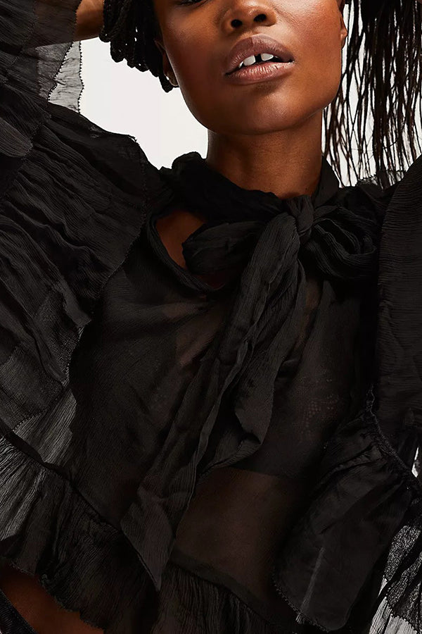 Flowy See-through Ruffle Tie-up Neck Bell Sleeve High-low Hem Cape Shirt