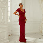 High Waist Short Sleeve Office Tight Dress Solid Color Slim Fit Small Trailing Evening