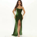 Retro Sweetheart Strapless Velvet Cocktail Party Midi Dress - Green