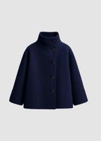 Aurora High Neck Wool Blend Jacket – Navy Blue Minimalist Coat