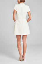 Exquisite and Playful Tweed Fabric Pearl Trim Short Sleeve Pocketed Mini Dress