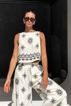 Unique Printed Round Neck Sleeveless Button Top and Elastic Waist Pocket Wide Leg Pants Set