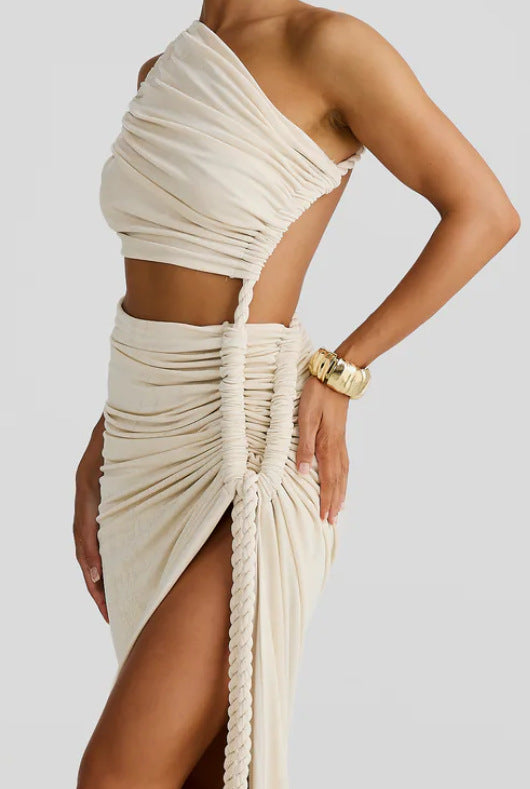 Juliana Rope Detail Ruched One Shoulder Cutout Stretch Maxi Dress