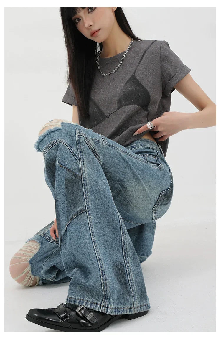 Vintage Distressed And Dirt-Dyed Patchwork Wide-Leg Jeans