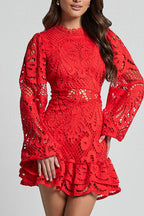 Solid Color Hollow Long-sleeved Waisted Lace Mini Dress