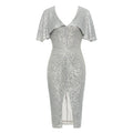 Dress for Simple V neck Flounced Sleeve Short Sleeve Sequined Party Split Dress
