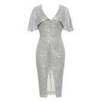 Dress for Simple V neck Flounced Sleeve Short Sleeve Sequined Party Split Dress