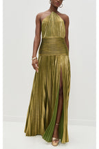 Glamorous Metallic Pleated Fabric Open Back Halter Slit Maxi Dress