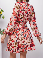 Nerea Timeless Women's Floral Print Dress with Waist Belt and Long Sleeves Evening Wear Edit