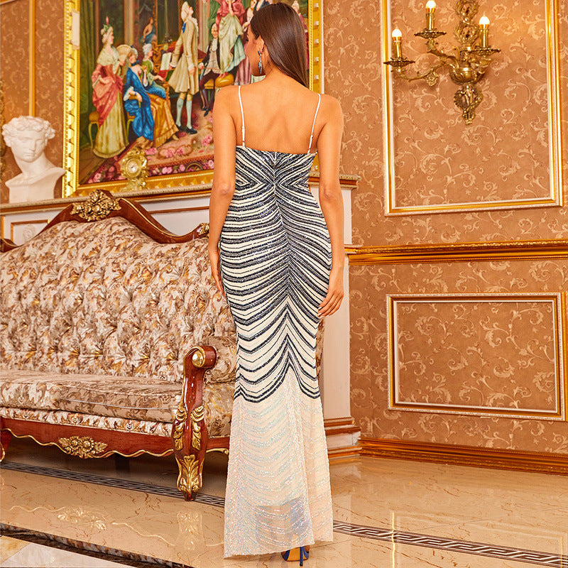 Deep V neck Strap Elegant Fishtail Gray Cocktail Long Evening Dress for