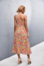 Elysse Floral Belted One Shoulder Midi Dress Salmon