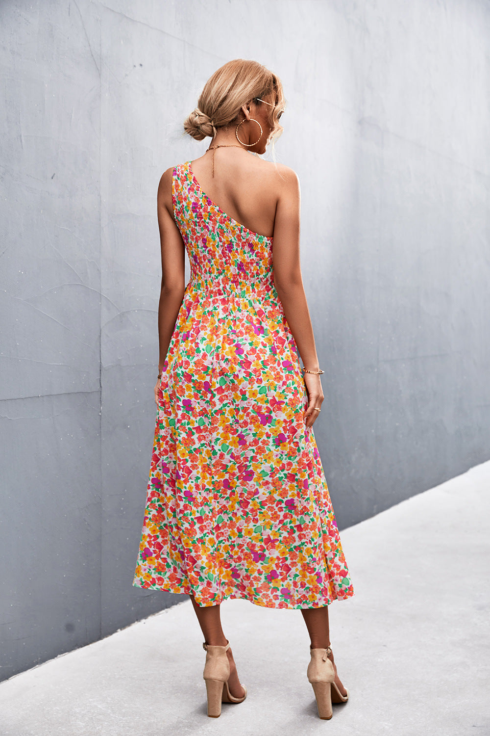 Elysse Floral Belted One Shoulder Midi Dress Salmon