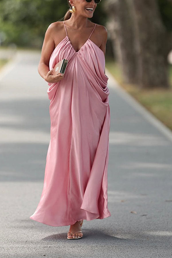 Venus Satin V-neck Draped Pleated Slip Loose Maxi Dress