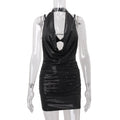 Autumn Sexy Swing Collar Sequined Inner Suspender Halter Skirt Set for Women