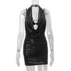 Autumn Sexy Swing Collar Sequined Inner Suspender Halter Skirt Set for Women