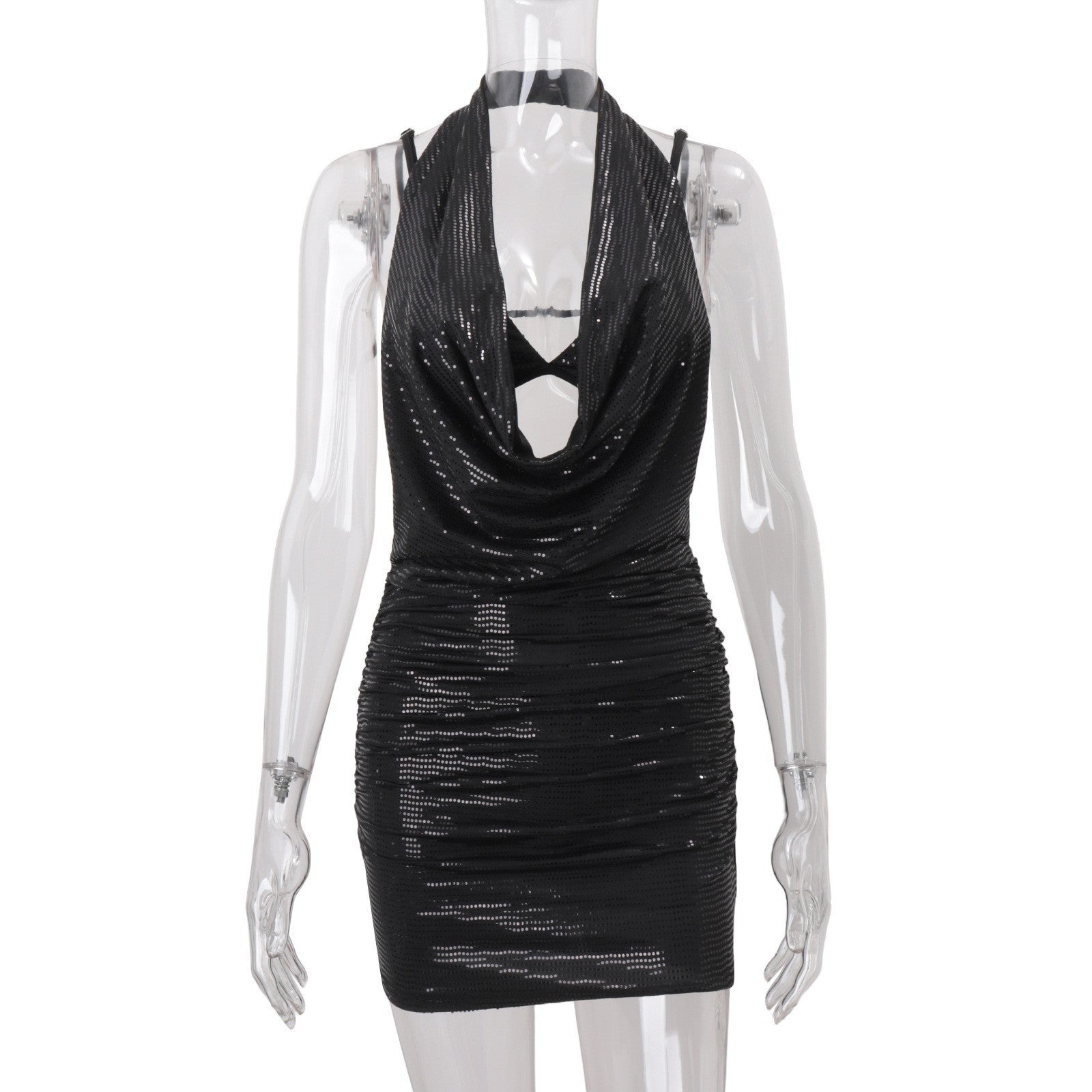 Autumn Sexy Swing Collar Sequined Inner Suspender Halter Skirt Set for Women