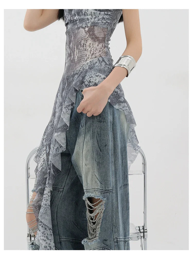 Vintage Distressed And Dirt-Dyed Patchwork Wide-Leg Jeans