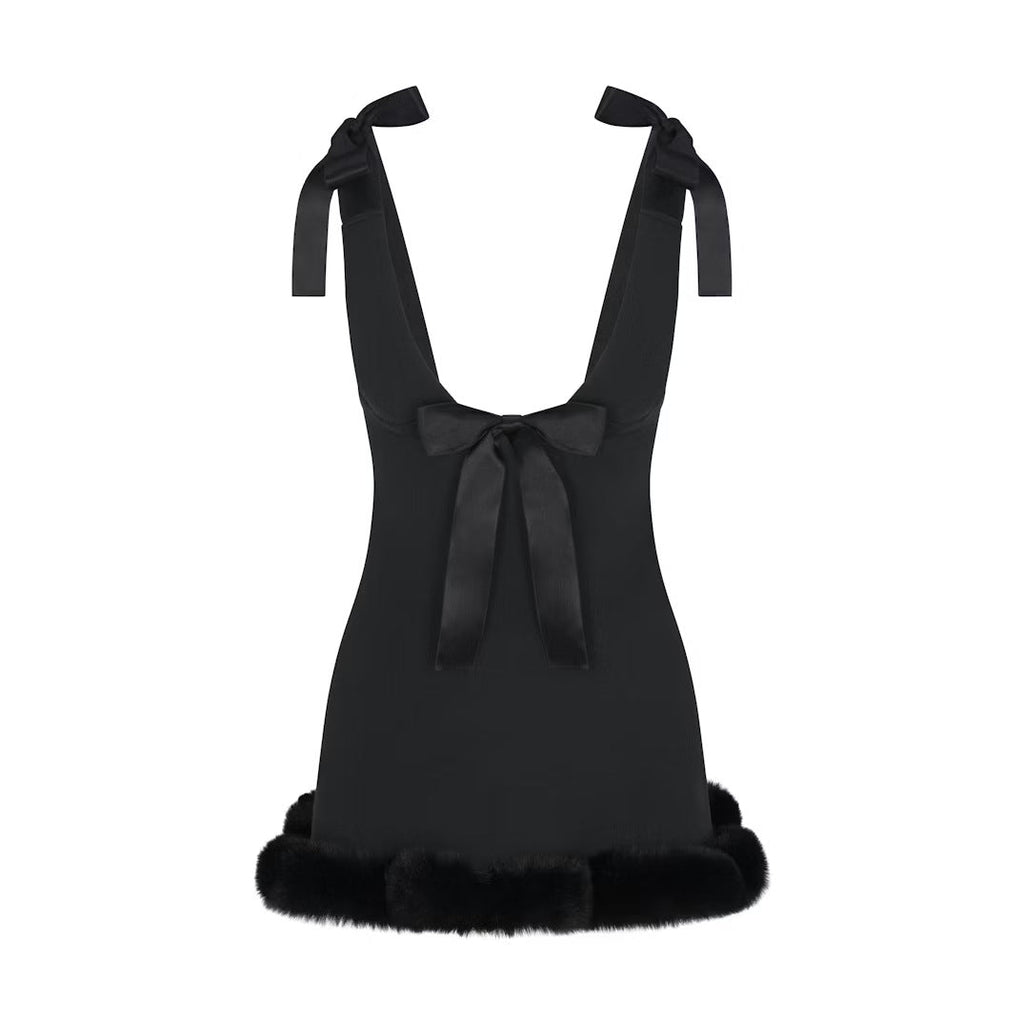 Satin Bow Strap Fur Trim Mini Dress