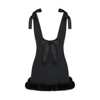 Satin Bow Strap Fur Trim Mini Dress
