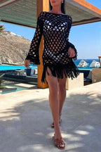 Beautiful Long Sleeved Pullover Fringed Mesh Cover Up