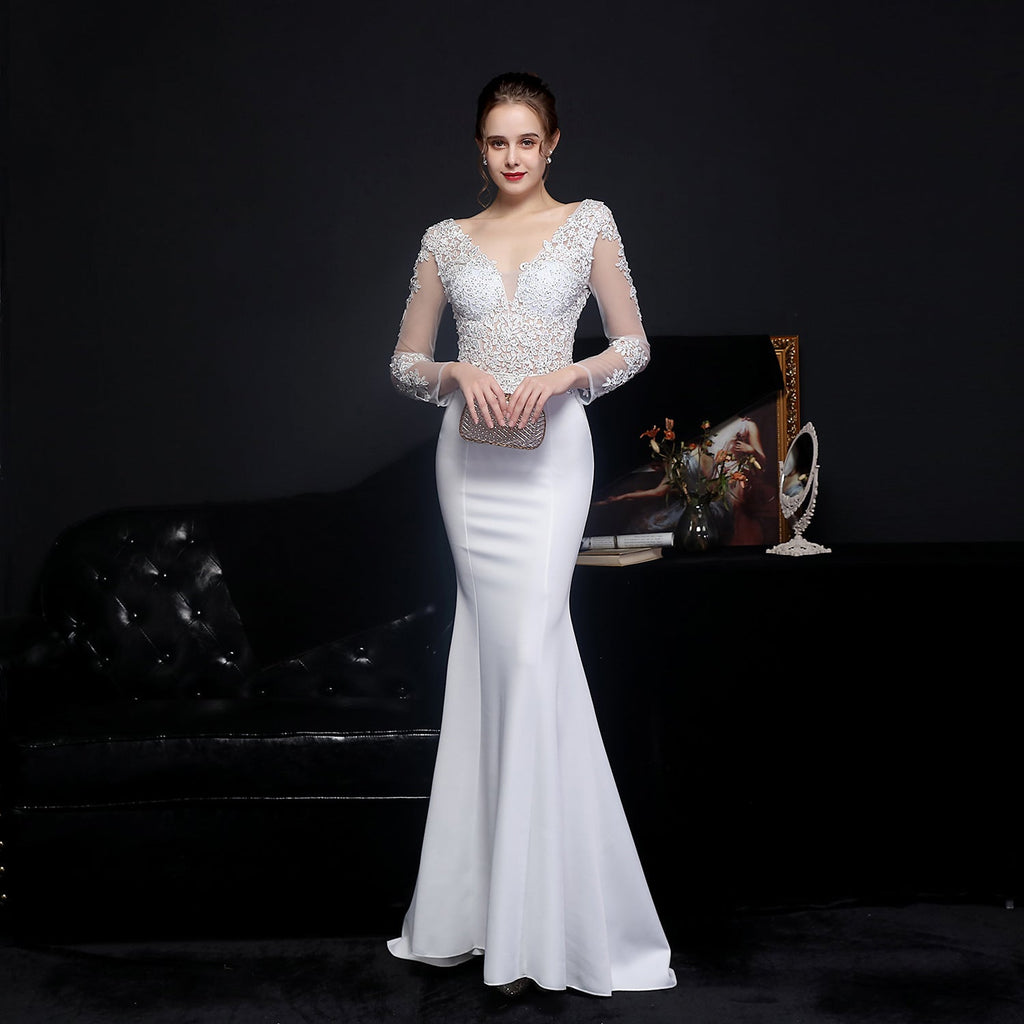 Full Craft Lace Diamond Toast Dress Bride Long Long Sleeve Appreciation Dinner Fishtail Evening Dress Formal Gown