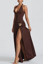 Solid Color Halter Neck Backless Slim Fit Pleated Slit Maxi Dress